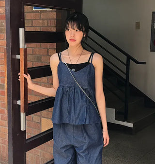 Raw Denim Frill Sleeveless Bustier and Elastic Wide Pants Two-Piece Set