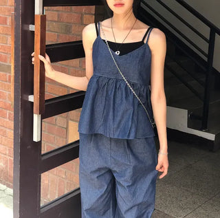 Raw Denim Frill Sleeveless Bustier and Elastic Wide Pants Two-Piece Set