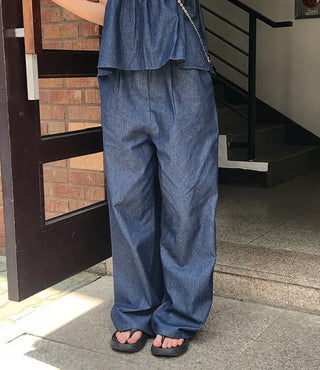 Raw Denim Frill Sleeveless Bustier and Elastic Wide Pants Two-Piece Set
