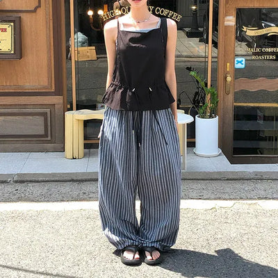 Striped String Banding Wide Pants
