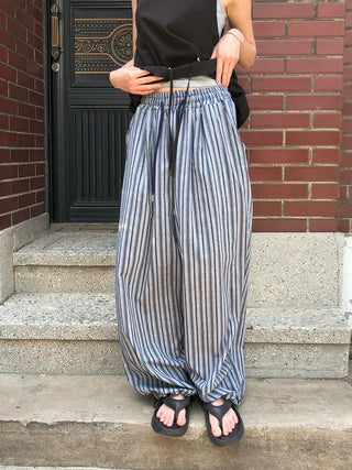 Striped String Banding Wide Pants
