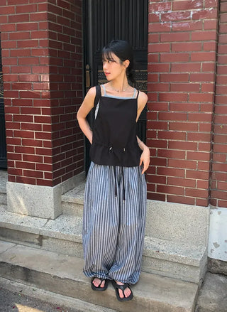 Striped String Banding Wide Pants