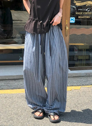 Striped String Banding Wide Pants