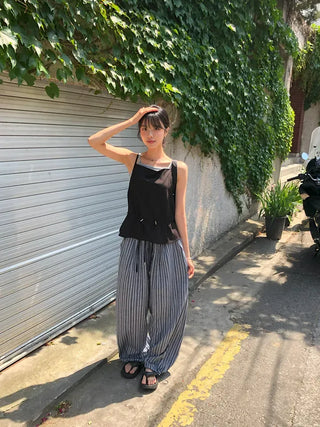 Striped String Banding Wide Pants