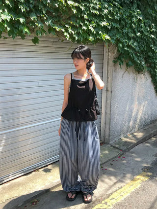 Striped String Banding Wide Pants