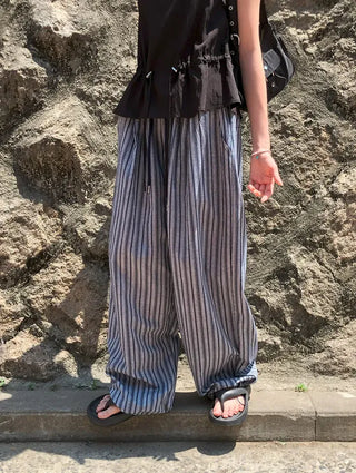 Striped String Banding Wide Pants