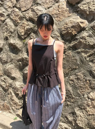 Striped String Banding Wide Pants