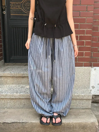 Striped String Banding Wide Pants
