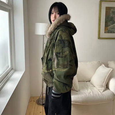 Reversible camo fur jacket