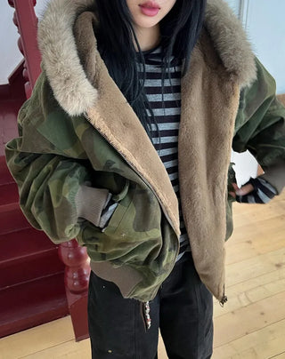 Reversible camo fur jacket
