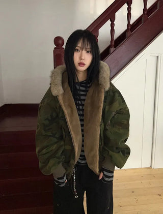 Reversible camo fur jacket