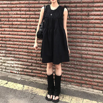 Shoulder Ribbon Shirred Sleeveless Midi Dress