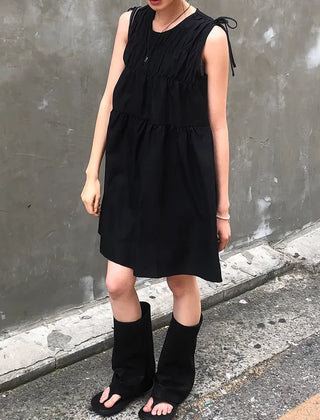 Shoulder Ribbon Shirred Sleeveless Midi Dress
