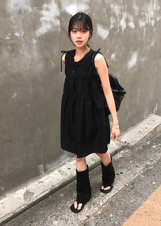 Shoulder Ribbon Shirred Sleeveless Midi Dress