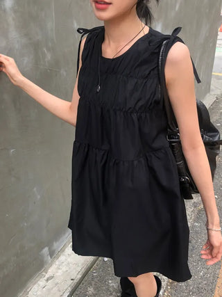 Shoulder Ribbon Shirred Sleeveless Midi Dress