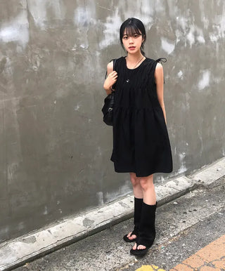 Shoulder Ribbon Shirred Sleeveless Midi Dress