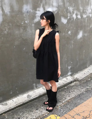 Shoulder Ribbon Shirred Sleeveless Midi Dress