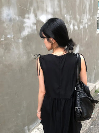 Shoulder Ribbon Shirred Sleeveless Midi Dress