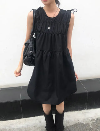 Shoulder Ribbon Shirred Sleeveless Midi Dress