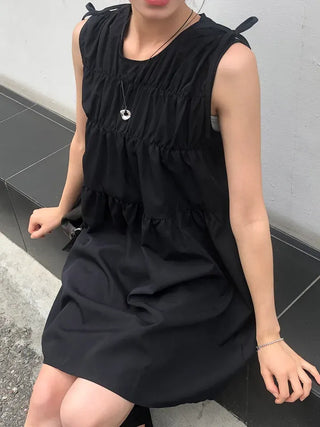 Shoulder Ribbon Shirred Sleeveless Midi Dress