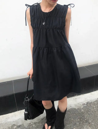 Shoulder Ribbon Shirred Sleeveless Midi Dress