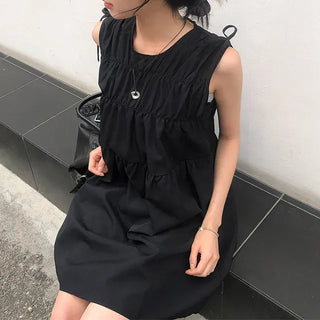 Shoulder Ribbon Shirred Sleeveless Midi Dress