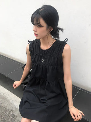 Shoulder Ribbon Shirred Sleeveless Midi Dress