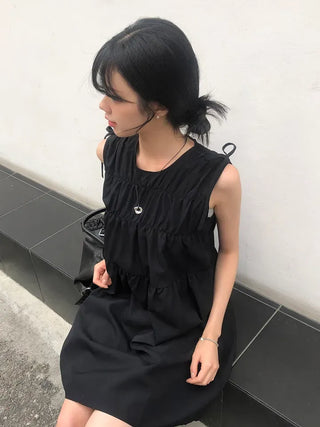 Shoulder Ribbon Shirred Sleeveless Midi Dress