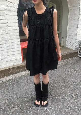 Shoulder Ribbon Shirred Sleeveless Midi Dress