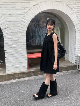 Shoulder Ribbon Shirred Sleeveless Midi Dress