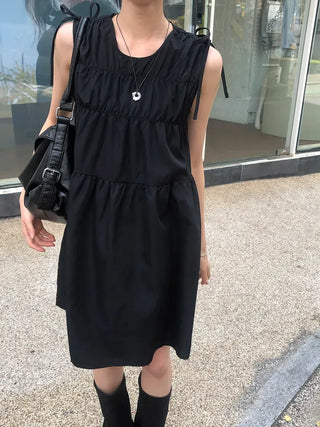 Shoulder Ribbon Shirred Sleeveless Midi Dress