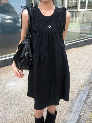 Shoulder Ribbon Shirred Sleeveless Midi Dress