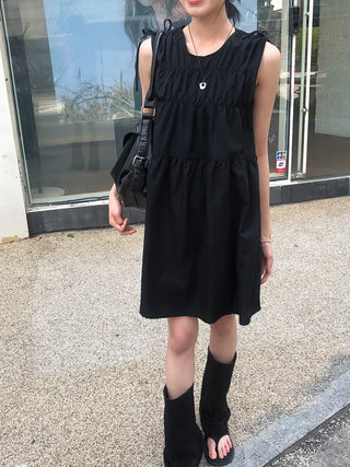 Shoulder Ribbon Shirred Sleeveless Midi Dress
