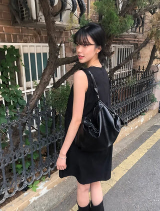 Shoulder Ribbon Shirred Sleeveless Midi Dress