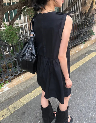 Shoulder Ribbon Shirred Sleeveless Midi Dress