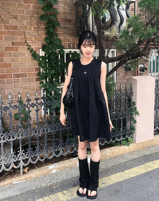 Shoulder Ribbon Shirred Sleeveless Midi Dress