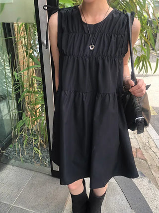Shoulder Ribbon Shirred Sleeveless Midi Dress