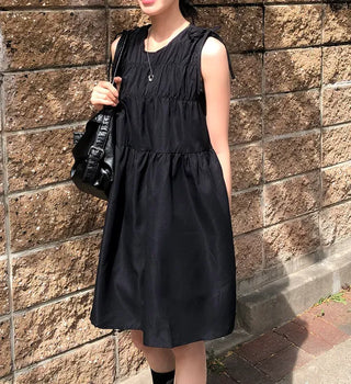 Shoulder Ribbon Shirred Sleeveless Midi Dress