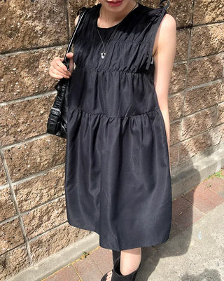 Shoulder Ribbon Shirred Sleeveless Midi Dress