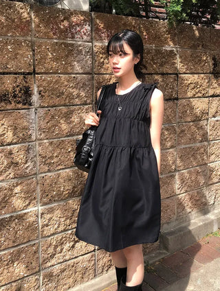Shoulder Ribbon Shirred Sleeveless Midi Dress