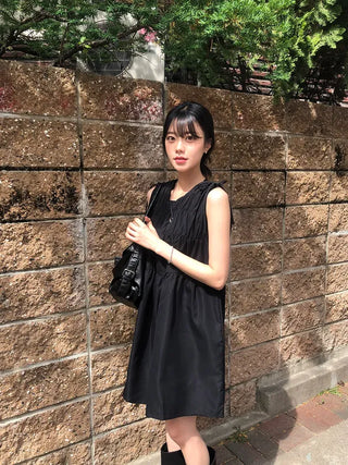 Shoulder Ribbon Shirred Sleeveless Midi Dress