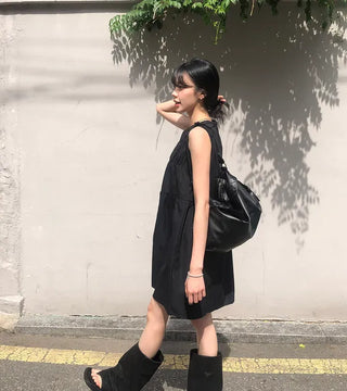 Shoulder Ribbon Shirred Sleeveless Midi Dress