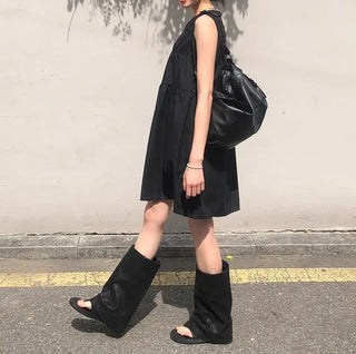 Shoulder Ribbon Shirred Sleeveless Midi Dress