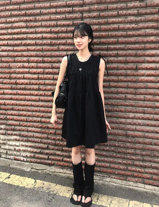 Shoulder Ribbon Shirred Sleeveless Midi Dress