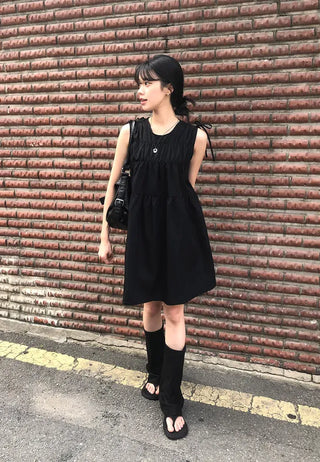 Shoulder Ribbon Shirred Sleeveless Midi Dress