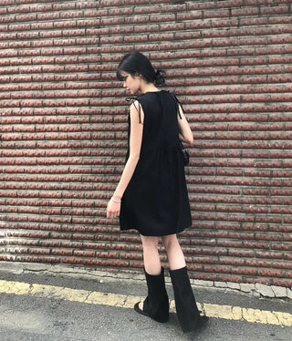 Shoulder Ribbon Shirred Sleeveless Midi Dress