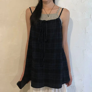 Vintage Check Layered Shirred Sleeveless Blouse