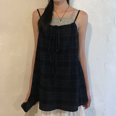 Vintage Check Layered Shirred Sleeveless Blouse