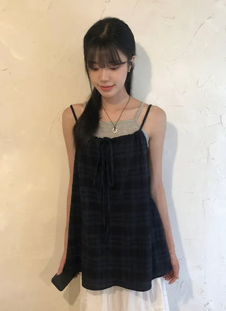 Vintage Check Layered Shirred Sleeveless Blouse