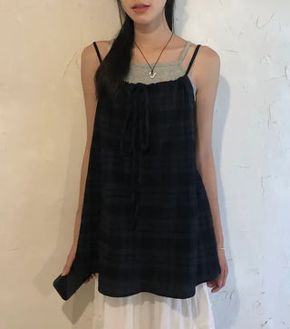 Vintage Check Layered Shirred Sleeveless Blouse
